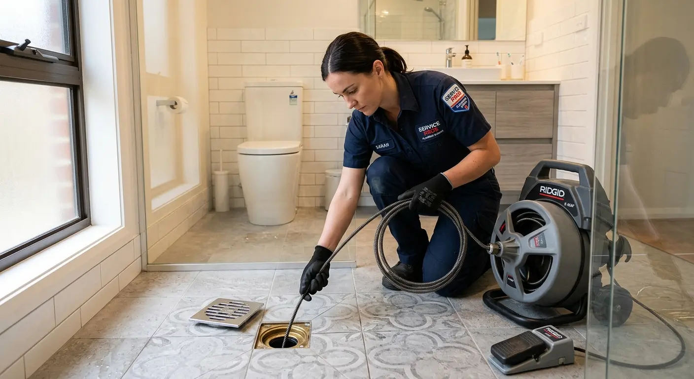 Technician clearing a bathroom floor drain for Drain Repair in Wellington